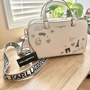 NWT Karl Lagerfeld Paris White Crossbody w/ Guitar Strap Silver Chain Design